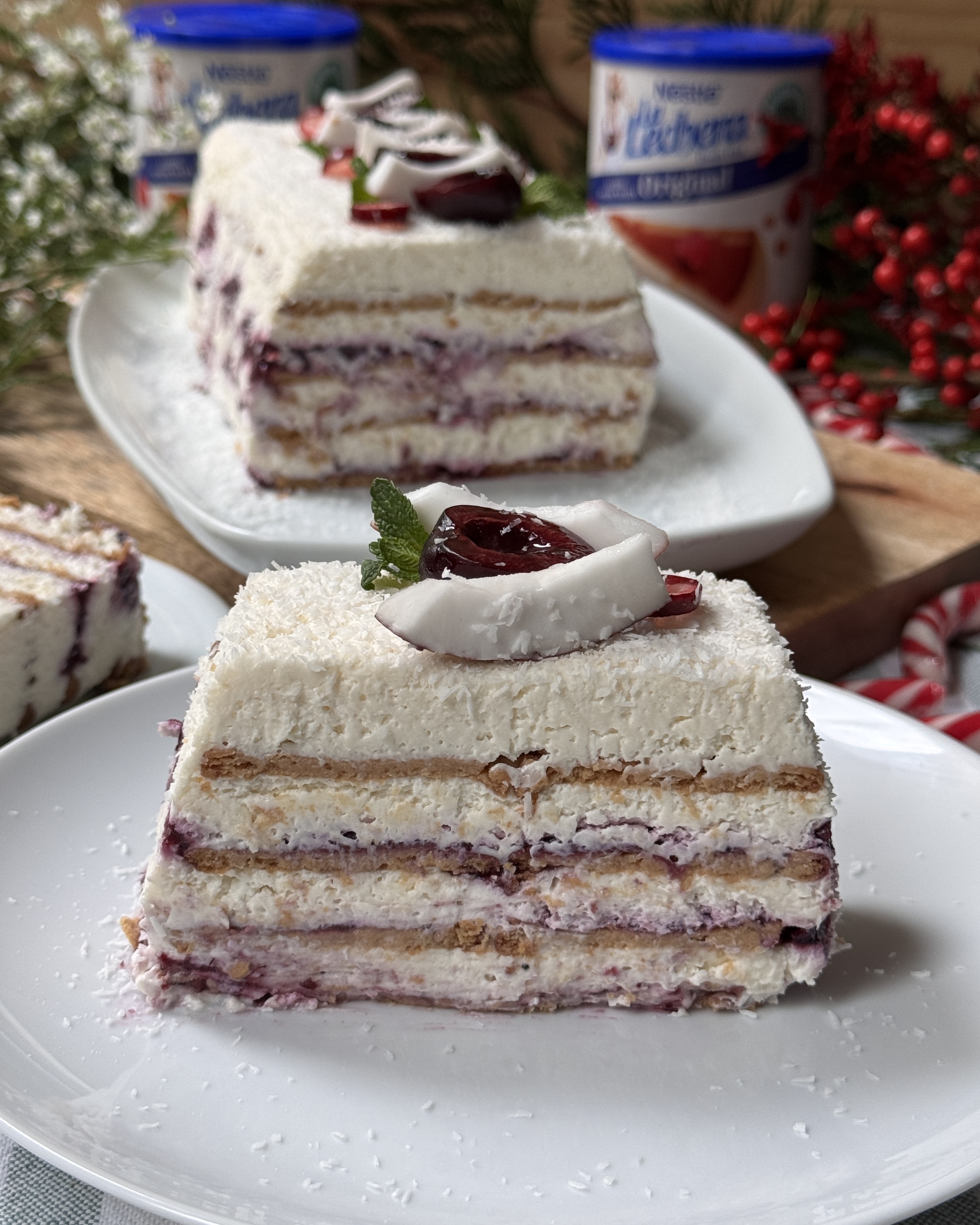 romisbakes recipe Cookie, coconut, condensed milk and red fruits cake